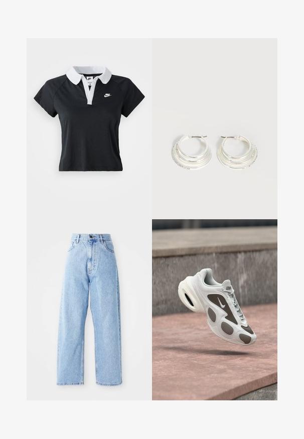 Polo noir à manches courtes avec un col blanc et une patte de boutonnage à l'avant, présentant un petit logo Nike blanc sur la poitrine gauche.; Jeans en denim bleu clair taille haute avec des jambes droites larges, fermeture à bouton à l'avant, fermeture éclair et poches avant et arrière.; Baskets Nike blanches et grises flottant au-dessus d'une surface en pierre, avec un devant à lacets et un coussin d'air visible dans la semelle.; Boucles d'oreilles créoles en argent avec trois bandes semi-circulaires superposées, dont une ornée de petits cristaux clairs sur un fond clair.