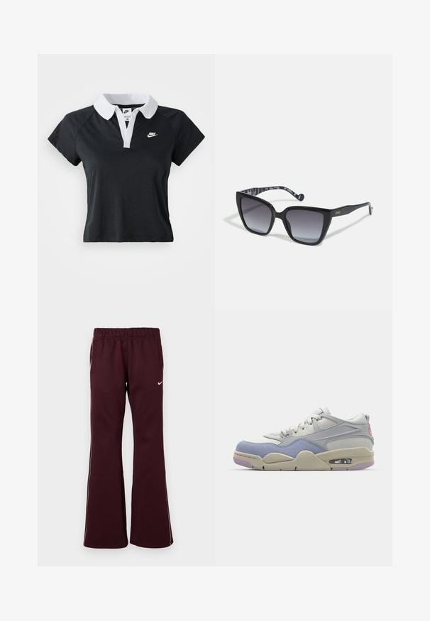 Polo noir à manches courtes avec un col blanc et une patte de boutonnage à l'avant, présentant un petit logo Nike blanc sur la poitrine gauche.; Pantalons de sport bordeaux avec un design évasé, taille élastique et poches latérales. Comprend des passepoils blancs et un petit logo sur le devant.; Baskets grises et lavande avec une tige en suede et en mesh. Présentent une unité d'air visible, des lacets et des accents roses. Semelle texturée avec une teinte violette.; Lunettes de soleil noires surdimensionnées avec des verres dégradés. Monture en plastique avec une finition brillante. La tige intérieure présente un design à motifs. Nom de la marque imprimé sur le côté.