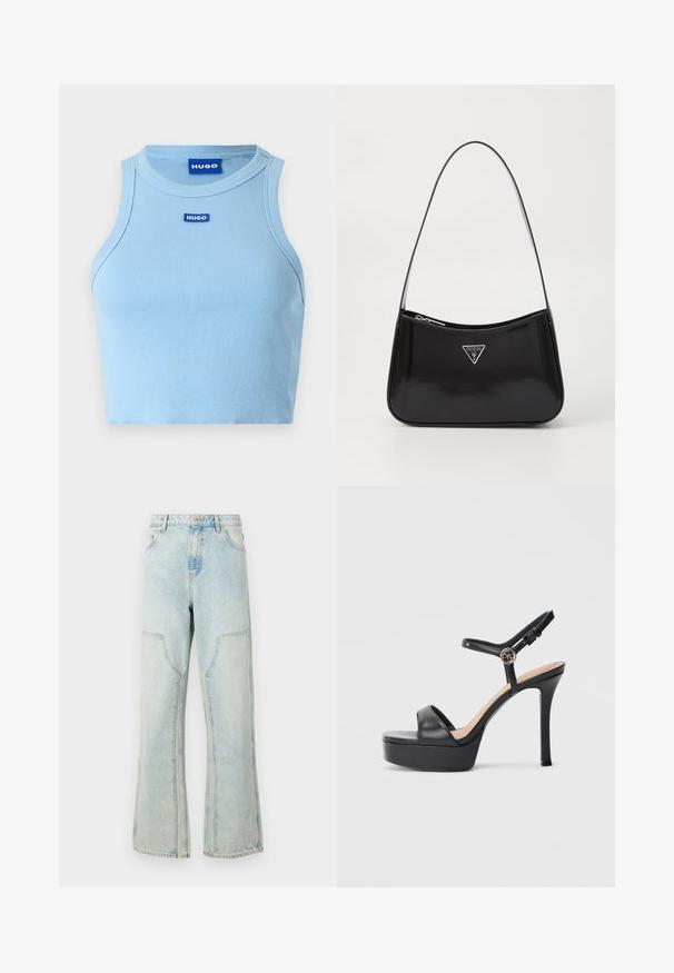 Lichtblauw geribbeld tanktop met een ronde hals. Bevat een klein blauw "HUGO" logo aan de voorkant. De stof lijkt zacht en aansluitend te zijn.; Lichtblauwe denim jeans met een losse pasvorm, wijde benen en voorzakken. Voorzien van een knoopsluiting en riemlussen.; Zwarte platformsandalen met een hoge naaldhak, voorzien van een glad leren bovenkant, een peep-toe ontwerp en een verstelbare enkelriem met beslag.; Zwarte lakleren schoudertas met een gebogen vorm, voorzien van een zilveren driehoeklogo en een ritssluiting. Gladde textuur en slanke schouderband.