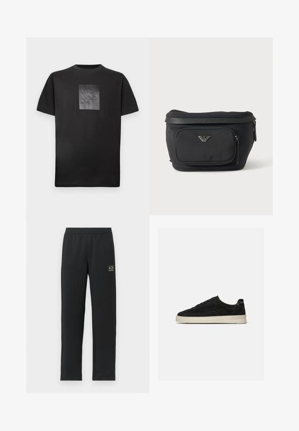 Μαύρο βαμβακερό t-shirt με ένα τετράγωνο, υφασμάτινο γραφικό στο μπροστά μέρος που διαθέτει ένα στιλιζαρισμένο λογότυπο. Κοντά μανίκια και στρογγυλή λαιμόκοψη.; Μαύρο ίσιο παντελόνι φόρμας με ελαστική μέση και μαύρο λογότυπο γιακά στην άνω αριστερή πλευρά του μηρού.; Μαύρο σουέντ παπούτσι τύπου χαμηλό sneaker με μαύρα κορδόνια και λευκή λαστιχένια σόλα, πλευρική όψη σε απλό ανοιχτό γκρι φόντο.; Μαύρο τσαντάκι μέσης με μπροστινή τσέπη με φερμουάρ και ασημένιο λογότυπο αετού, λείο ύφασμα με υφή στο τελείωμα και στα τρέσα φερμουάρ.