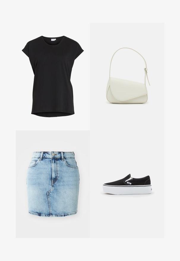 Μαύρο casual T-shirt με κοντά μανίκια, γυριστά μανίκια και στρογγυλή λαιμόκοψη από το brand VILA.; Φωτεινό γαλάζιο τζιν φούστό μίνι, με εφαρμοστό σχέδιο, πέντε τσέπες, κλείσιμο με κουμπί και φερμουάρ, και ραμμένες λεπτομέρειες κατά μήκος του τελειώματος.; Μαύρο καμβά παπούτσι slip-on με λευκή καουτσούκ σόλα, με ελαστικές πλευρικές λεπτομέρειες και αντιθετικές ραφές. Ο λογότυπος της μάρκας είναι ορατός στο πλάι.; Λευκή τσάντα από συνθετικό δέρμα με δομημένο τριγωνικό σχήμα, μονή ρυθμιζόμενη λαβή και κλείσιμο με καπάκι που τονίζει τις καμπύλες.