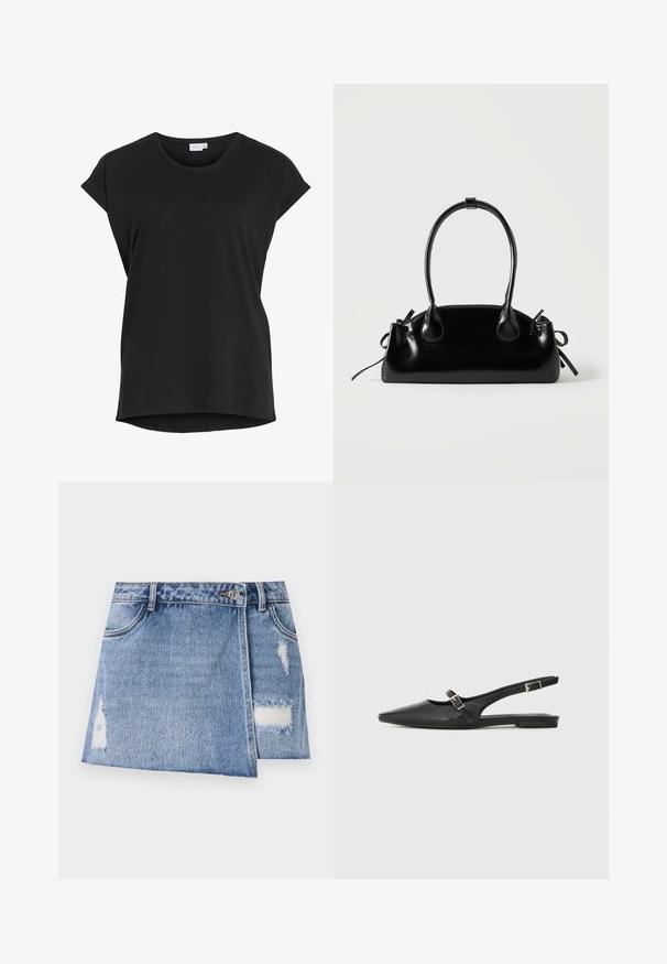 Μαύρο casual T-shirt με κοντά μανίκια, γυριστά μανίκια και στρογγυλή λαιμόκοψη από το brand VILA.; Τζιν μίνι φούστα σε ανοιχτό μπλε χρώμα με ξεθωριασμένα σημεία και φθορές. Διαθέτει κλείσιμο με κουμπί μπροστά και παραδοσιακό σχέδιο πέντε τσεπών.; Μαύρα δερμάτινα παπούτσια με λουράκι πίσω, μυτερή μύτη, με λεπτό λουράκι και ασημένια αγκράφα στο πλάι. Φλατ σόλα.; Μικρή μαύρη γυαλιστερή τσάντα με δύο μακριές λαβές και λεπτομέρειες με ρυθμιζόμενο κορδόνι στο πλάι σε απλό ανοιχτό φόντο.