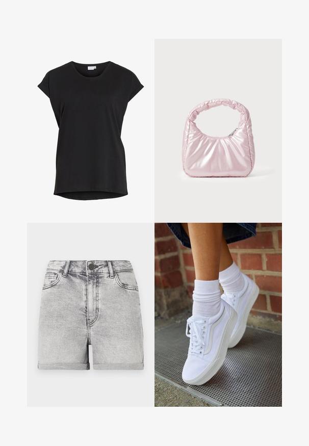Sort kortærmet afslappet t-shirt med opkrøjede ærmer og rund halsudskæring fra mærket VILA.; Grå denim shorts med oprullede kanter, fem-lomme design og central knaplukning. Glat tekstur med subtile falmede detaljer.; Hvide lærreds sneakers med gummisåler, der har seks snørehuller, rund tå og let sømdetaljer, krydret med hvide ankelstrømper.; Rosa, polstret håndtaske med afrundet design, lavet af skinnende materiale. Har et samlet håndtag og en lynlås til sikker adgang.