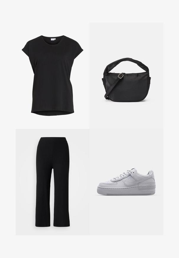Schwarzes kurzärmeliges Freizeit-T-Shirt mit umgeschlagenen Bündchen und rundem Ausschnitt von der Marke VILA.; Schwarz gerippte Boucle-Hosen mit elastischem Bund, aus strukturiertem Stoff mit geradem Schnitt, geeignet für die Freizeit.; Graue Nike Air Force 1 Sneaker mit perforierter Zehenpartie, Obermaterial aus glattem Leder, dicker Sohle und geprägtem 'AIR'-Detail an der Ferse.; Schwarze Stoffumschlagtasche mit einem verdrehten Griff, einem abnehmbaren Schultergurt und einem Reißverschluss-Topverschluss. Glatte Textur und minimalistisches Design.
