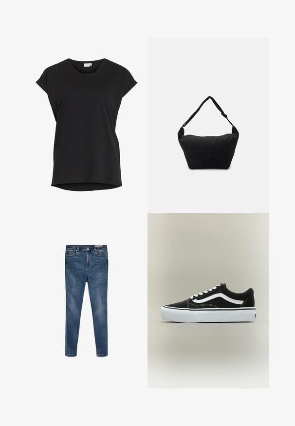 Sort kortærmet afslappet t-shirt med opkrøjede ærmer og rund halsudskæring fra mærket VILA.; Mørkeblå denim skinny jeans med mellem-høj talje, fem lommer og subtilt slid. Har knap- og lynlås-lukning.; Lavtop sort sneaker med hvid side stribe, hvide snørebånd, hvid gummisål og tekstureret tåhætte på neutral baggrund.; Sort stof skuldertaske med en blød tekstureret overflade, rund form og en enkelt rem. Minimalistisk design uden synligt hardware eller accenter.