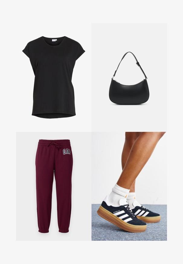 Sort kortærmet afslappet t-shirt med opkrøjede ærmer og rund halsudskæring fra mærket VILA.; GAP Petite HERITAGE - Træningsbukser - ruby wine; Ben iført hvide sokker og sorte Adidas Gazelle sneakers med hvide striber og tykke brune såler på et gråt tæppe.; Pieces PCALUANA SHOULDER BAG - Håndtasker - black