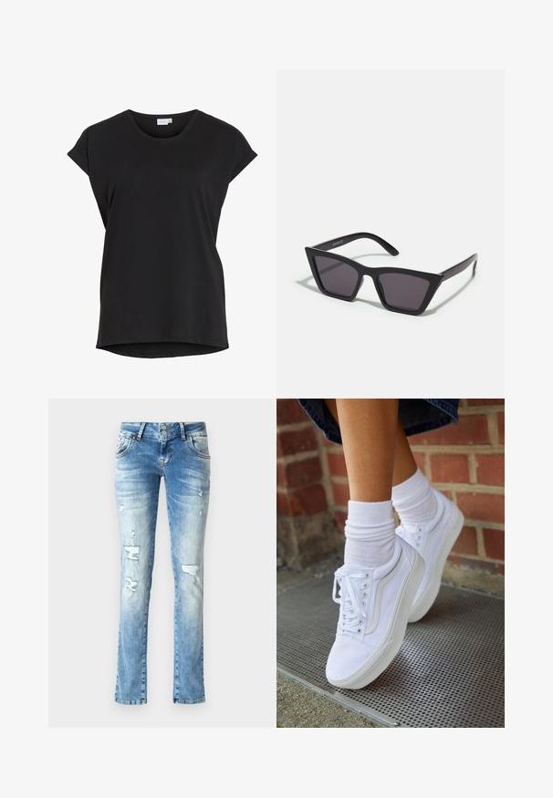 Schwarzes kurzärmeliges Freizeit-T-Shirt mit umgeschlagenen Bündchen und rundem Ausschnitt von der Marke VILA.; Helle blaue Jeans aus Denim mit entspannter Passform, featuring distressed Details, einem Knopfverschluss mit zwei Knöpfen und geraden Beinen.; Weiße Leinensneaker mit Gummisohlen, ausgestattet mit sechs Ösen, runder Zehenpartie und dezenten Nähten, kombiniert mit weißen Knöchelsocken.; Schwarze, eckige Sonnenbrille mit grauen Gläsern; aus Kunststoff gefertigt, mit dicken Bügeln, die eine glatte Oberfläche und keine sichtbaren Beschläge haben.