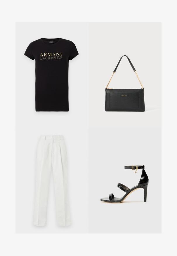 T-shirt noir à manches courtes avec un col rond, présentant un logo doré "ARMANI EXCHANGE" imprimé sur le devant. Matière en coton.; Pantalons blancs taille haute en tissu lisse, à jambe droite, avec un devant plissé et des poches latérales.; Sandale en cuir verni noir avec trois brides, boucle de cheville et talon aiguille de 10 cm. Présente un détail en métal doré et un charm logo.; Pochette en cuir noir avec une texture en relief, bandoulière en chaîne dorée et une poche avant. Elle arbore un logo doré sur le devant.