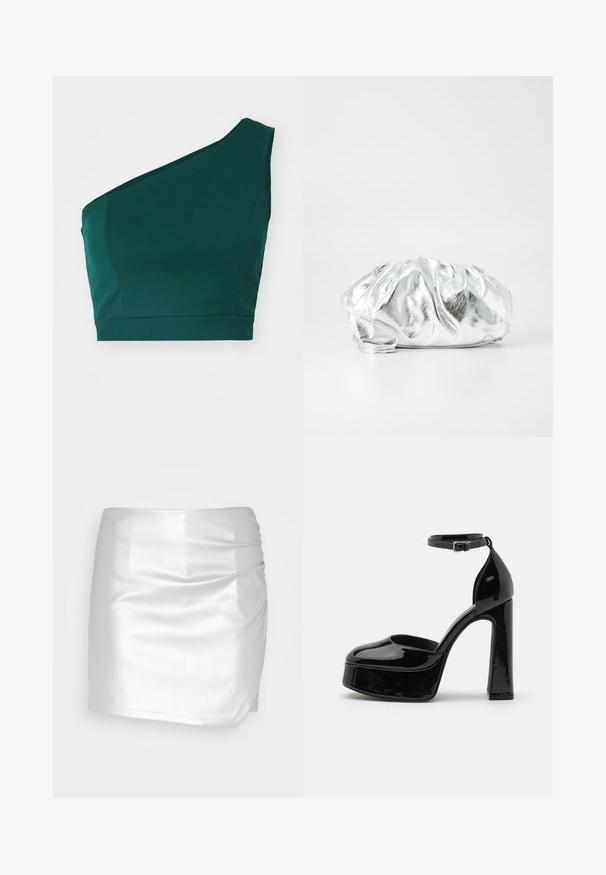 Kumerohke roheline crop top, mis on valmistatud siledast kangast, ühe õlavarre rihmaga ja sobiva alläärega.; Even&Odd by Zalando Lühikesed püksid - silver; Musta lakitud nahast platvormikontsadega jalatsid, millel on pahkluu rihm, ümar varvas ja plokk konts, rõhutades sujuvat ja läikivat tekstuuri.; Metallik hõbedane vist välja kott pehme, kokku korjatud kehaga ja õhukese õlavarre rihmaga. Omab siledat, läikivat tekstuuri ja ümmargust kuju.