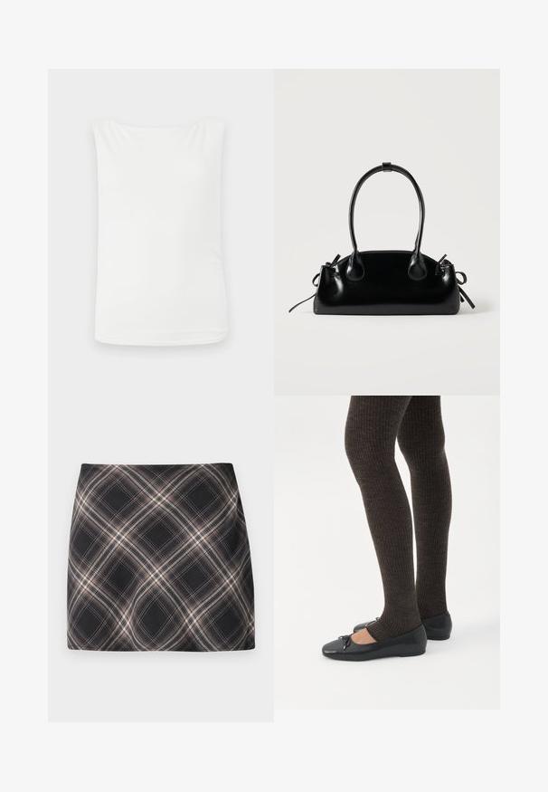 Top sin mangas blanco hecho de una tela suave, con un corte holgado y un escote redondeado. Sin patrones ni adornos.; Minifalda a cuadros en negro y beige con patrón de cuadros diagonal, cintura ajustada y textura de tela suave.; Piernas con leggings oscuros acanalados combinados con bailarinas negras que presentan pequeños detalles de lazo sobre un fondo blanco.; Pequeño bolso negro brillante con dos asas largas y detalles de cordón lateral sobre un fondo claro liso.