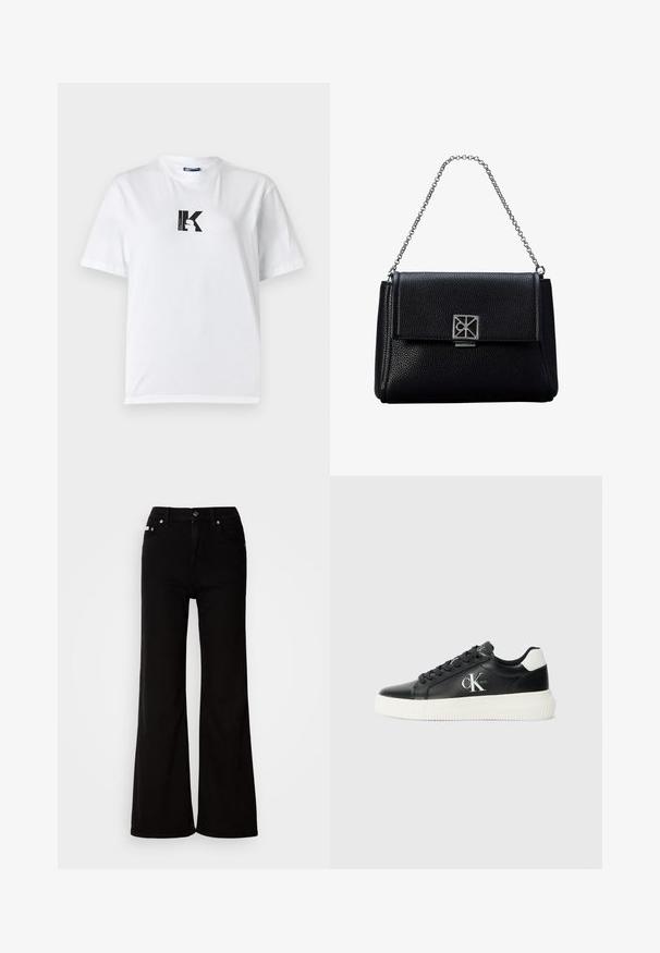 Karl Lagerfeld Jeans LOGO TEE - Βασικό μπλουζάκι - white; Μαύρο τζιν παντελόνι καμπάνα με ψηλή μέση, διαθέτει φερμουάρ και κουμπί κλεισίματος, πλαϊνές τσέπες και διακριτές μεταλλικές λεπτομέρειες.; Μαύρα δερμάτινα αθλητικά παπούτσια χαμηλού τύπου με λευκή καουτσούκ σόλα, στρογγυλή μύτη, επίπεδες κορδόνες και ανάγλυφο λογότυπο στο πλάι. Αντίθετο χρώμα στη φτέρνα.; Μαύρη τσάντα χειρός από δερματίνη με ασημένιο αλυσίδα λουρί και γεωμετρικό ασημένιο κούμπωμα στην εμπρόσθια πτέρυγα.