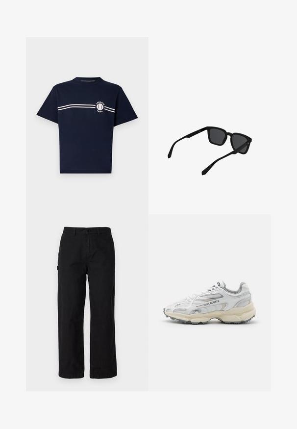 Camiseta de algodón navy de manga corta. Presenta un cuello redondo, dos franjas horizontales blancas en el pecho y un detalle de logo en el lado izquierdo.; Pantalones cargo de algodón negros con un diseño de pierna recta, que cuentan con bolsillos laterales y un cierre frontal con botón. Tela duradera con una textura suave.; Zapatillas deportivas blancas con detalles en gris, parte superior de malla y sintético, diseño de cordones, y suela de goma texturizada con patrones de tracción.; Gafas de sol rectangulares negras con montura gruesa y lentes oscuras mostradas ligeramente inclinadas sobre un fondo blanco.