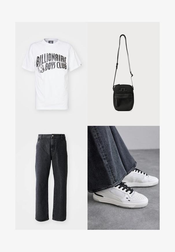 Witte katoenen t-shirt met de tekst "Billionaire Boys Club" in grote zwarte letters, met een astronautenafbeelding aan de linkerkant. Korte mouwen.; Zwarte denim jeans met een rechte pijp, voorzien van een knoopsluiting, vijf zakken en een subtiele textuur. Klassiek ontwerp zonder opvallende patronen.; Witte sneakers met zwarte veters en mesh-details. Beschikt over een gladde leren bovenkant en een gestructureerde rubberen zool. Gepaard met brede grijze jeans.; Zwarte crossbodytas met verstelbare riem, een voorvak met ritssluiting en een geperst logo aan de voorkant tegen een effen achtergrond.