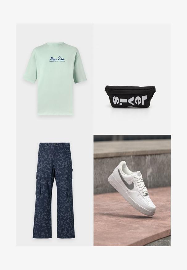 Mintgroene katoenen t-shirt met korte mouwen, met bovenaan de navyblauwe tekst "New Era" en daaronder de tekst "Lake Erie, Buffalo, New York" gedrukt.; Sean John SCRIPT LOGO CAMOUFLAGE - Cargobroek - blue; Witte Nike Air Force 1 sneaker met grijs swoosh-logo zwevend boven een stenen oppervlak en een grijze stenen muur op de achtergrond.; Zwarte stoffen tas met een platte vorm, voorzien van vet witte tekst. De ritssluiting bevindt zich aan de bovenkant, met een lus-detail aan één kant.