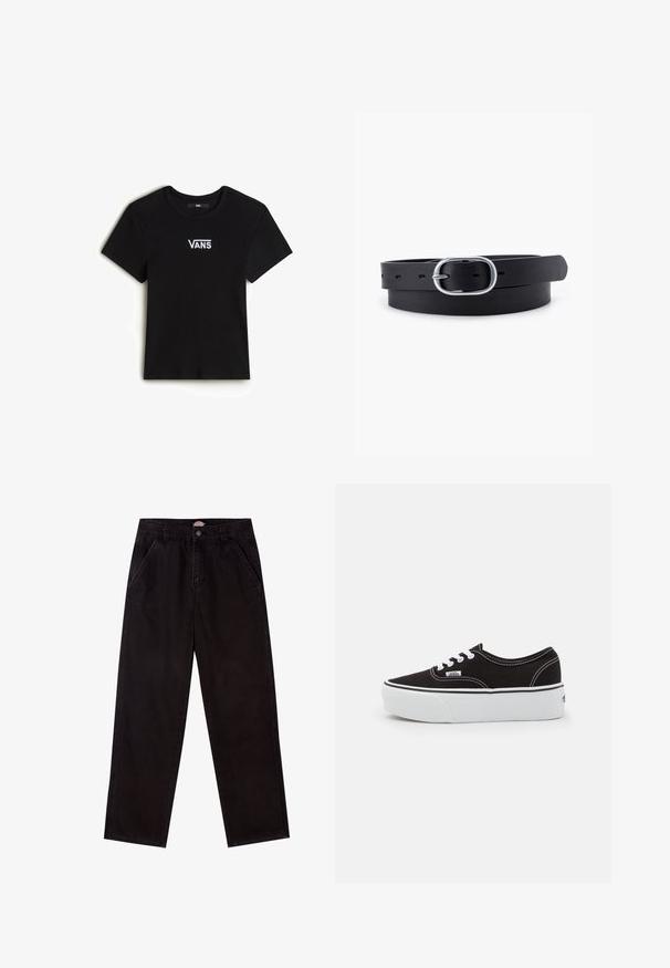 Vans CAMERON - T-shirt basic - black; Zwarte denim rechtaflopende broek met een klassiek vijf-pocket ontwerp, voorzien van een knoopsluiting en subtiele stikseldetails.; Zwarte canvas sneaker met een witte rubberen platformzool, voorzien van witte veters en stiksels, iconische branding op de zijkant, low-top ontwerp.; Zwarte leren riem met een gladde textuur, ovaal zilveren metalen gespsluiting en meerdere verstelgaten langs de band. Platte, minimalistische uitstraling.