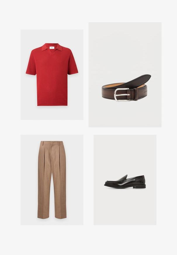 Polo en maille rouge à manches courtes avec motif texturé, col en V et col plié, présenté sur un fond clair uni.; Pantalon beige pour homme, taille haute, coupe droite, avec plis devant, passants pour ceinture et fermeture avant dissimulée.; Mocassin en cuir noir à enfiler avec un petit talon et des détails cousus, étiquette latérale, sur fond blanc uni.; Ceinture en cuir marron foncé roulée avec une boucle rectangulaire argentée sur fond blanc.