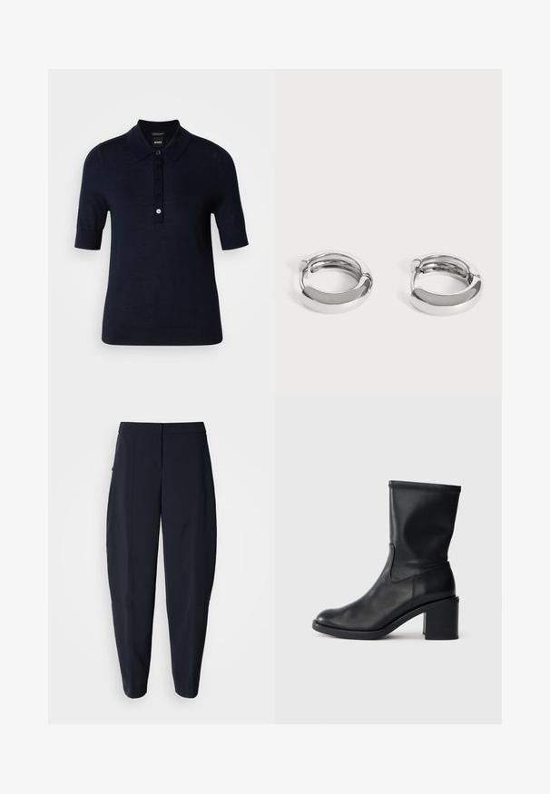 Polo bleu marine fabriqué en tissu lisse, avec un col, des manches courtes et une patte de boutonnage avec un petit détail de logo.; Pantalon bleu marine fuselé avec taille mi-haute et poches latérales, présentant des détails de coutures subtiles le long des jambes.; Botte en cuir noir à cheville avec un bout rond, texture lisse et un talon épais, présentant un tige ajustée et un subtil détail de couture.; Paire de petites boucles d’oreilles créoles argentées brillantes avec surfaces lisses et arrondies sur fond blanc uni.