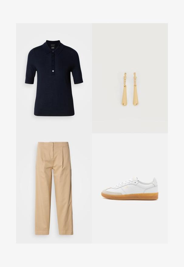 Mørkeblå polo skjorte lavet af et glat stof, med krave, korte ærmer og en knaplukning med små logo detaljer.; Beige bomuldsbukser med en afslappet pasform, der har to frontfolder, en lige ben-konstruktion og en klassisk knaplukning i taljen.; Hvide lædersneakers med beige ruskindsdetaljer, gummisål og snøredesign. Har diskret branding i guld.; Øreringe i guldfarvet metal med glatte, aflangt dråbeformede vedhæng, der hænger fra små creol-låse på en hvid baggrund.