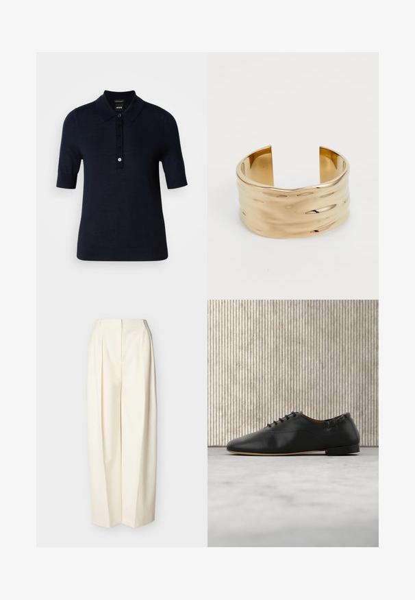 Polo bleu marine fabriqué en tissu lisse, avec un col, des manches courtes et une patte de boutonnage avec un petit détail de logo.; Pantalon crème à taille haute et jambes larges avec plis devant, fermeture éclair avant dissimulée et passants pour ceinture.; Chaussure plate en cuir noir à lacets, bout arrondi et petit talon, vue de profil droit sur un fond clair.; Bracelet en or avec un design ondulé, texture lisse et extrémités ouvertes. La surface réfléchissante présente des courbes douces et de subtils reflets de lumière.