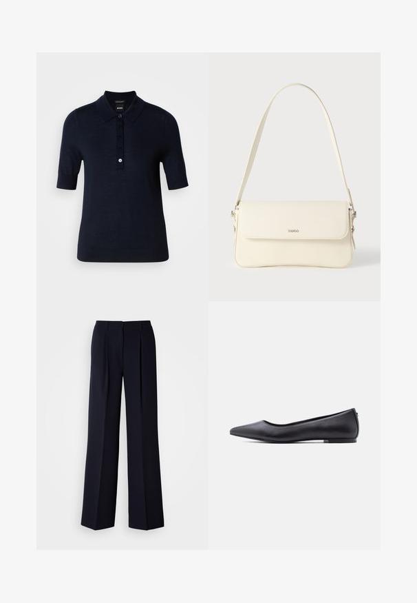 Polo de color azul marino hecho de un tejido suave, con cuello, mangas cortas y una tapeta de botones con un pequeño detalle de logo.; Pantalones de pierna ancha color azul marino con pinzas, confeccionados en tejido suave. Presentan una pretina ajustada y una silueta estilizada.; Zapato plano de cuero negro con punta puntiaguda y tacón bajo, mostrado de perfil contra un fondo blanco.; Bolso de hombro de cuero color crema con cierre de solapa, herrajes plateados, una sola correa ajustable y detalles sutiles con el logo.