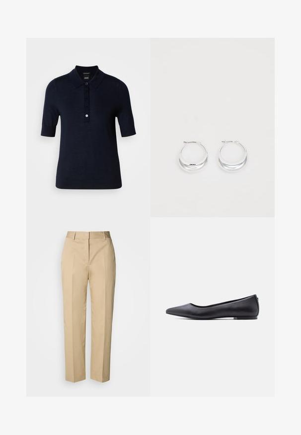 Polo bleu marine fabriqué en tissu lisse, avec un col, des manches courtes et une patte de boutonnage avec un petit détail de logo.; Pantalon beige à jambe droite avec passants pour ceinture, pli avant et fermeture dissimulée, présenté sur un fond clair.; Chaussure plate en cuir noire à bout pointu avec petit talon, vue de profil sur fond blanc.; Boucles d'oreilles en argent avec une finition polie et un branding DKNY, présentées sur un fond blanc uni.