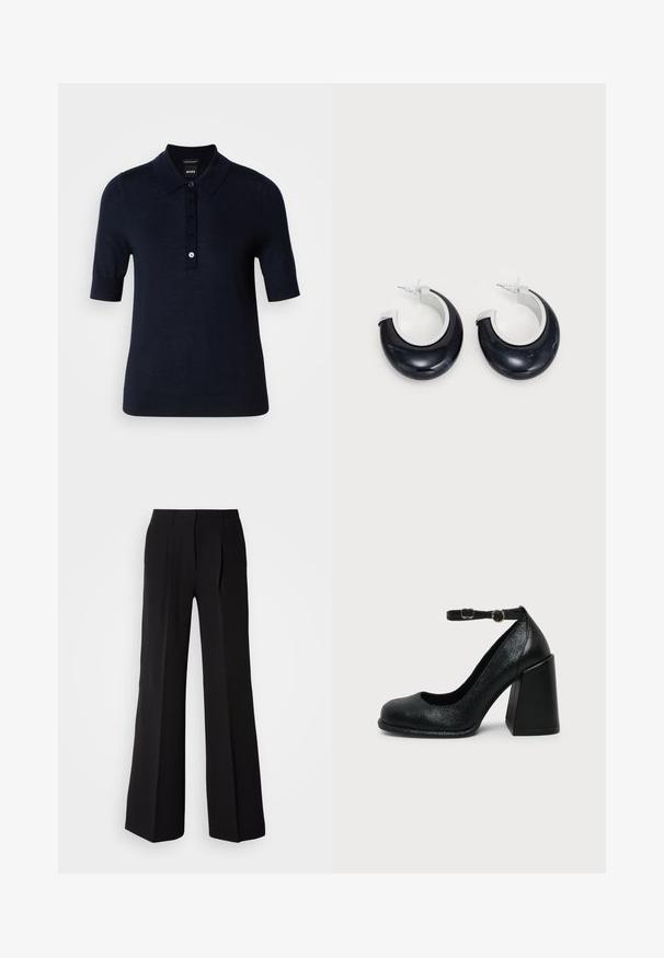 Polo de color azul marino hecho de un tejido suave, con cuello, mangas cortas y una tapeta de botones con un pequeño detalle de logo.; Pantalones negros de tejido suave, con cintura alta, silueta de pierna ancha y dos pliegues frontales para añadir detalle de diseño.; Zapato negro de cuero con tacón alto, punta redondeada y correa ajustable en el tobillo con hebilla dorada sobre fondo liso claro.; Pendientes de aro de resina negra con acabado brillante y acentos de hardware en tono plateado. Forma circular con un corte y cierre a presión.