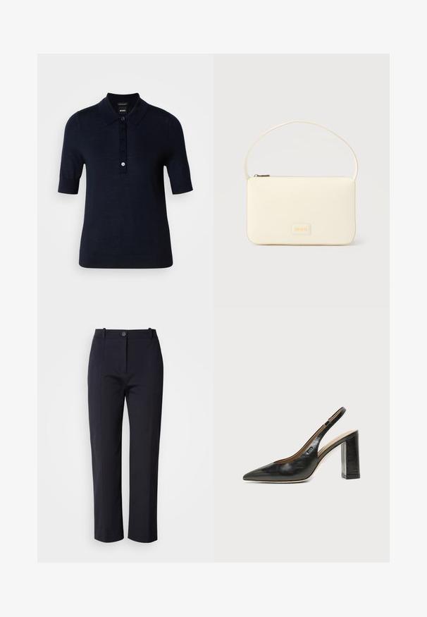 Polo bleu marine fabriqué en tissu lisse, avec un col, des manches courtes et une patte de boutonnage avec un petit détail de logo.; Pantalons bleu marine à jambe droite, confectionnés dans un tissu lisse. Comprend des poches avant et une fermeture à bouton à la taille.; Chaussure slingback en cuir noir à bout pointu avec un talon bloc haut et une doublure intérieure beige sur un fond clair uni.; Sac à main rectangulaire de couleur crème avec une seule sangle et une fermeture éclair sur le dessus, comportant une petite plaque de logo embossé à l'avant.