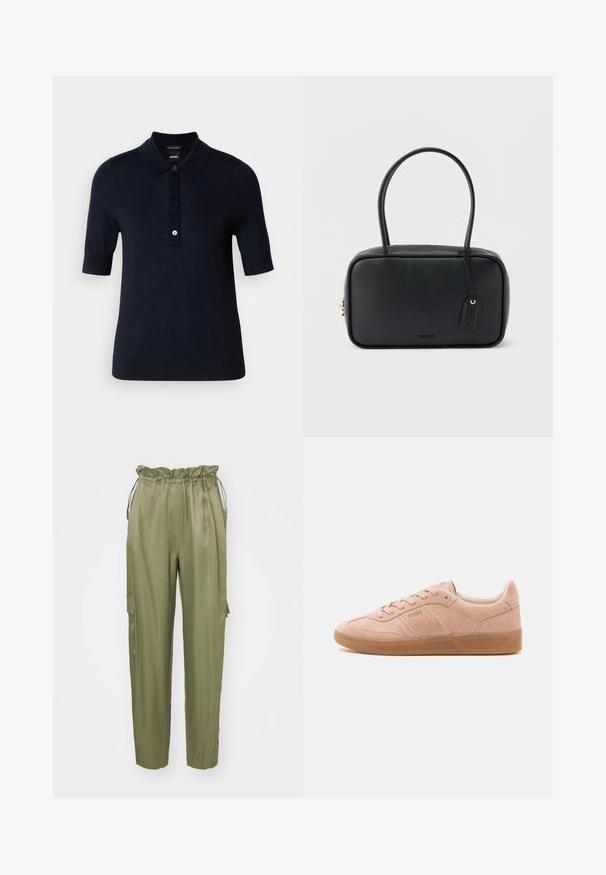 Polo de color azul marino hecho de un tejido suave, con cuello, mangas cortas y una tapeta de botones con un pequeño detalle de logo.; Pantalones cargo verde oliva con cintura elástica ajustable y piernas taperadas, además de un bolsillo lateral de parche. Tela suave con un acabado mate.; Zapatillas de ante rosa claro con suela de goma, punta redondeada y cierre con cordones. Presenta una marca mínima en el lateral y en el talón.; Bolso rectangular negro con asas dobles redondeadas, cremallera dorada y logo "HUGO" en relieve en el frente con etiqueta de cuero adjunta.