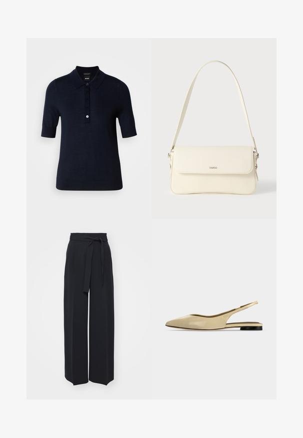 Polo bleu marine fabriqué en tissu lisse, avec un col, des manches courtes et une patte de boutonnage avec un petit détail de logo.; Pantalons noirs à jambes larges en tissu doux. Dotés d'une taille ceinturée et de plis avant. Texture lisse avec un design épuré et contemporain.; Chaussure plate beige à bout pointu avec bride arrière, petit talon noir et finition en cuir lisse, vue de côté sur un fond uni.; Sac à bandoulière en cuir couleur crème avec fermeture à rabat, quincaillerie argentée, une bandoulière réglable et un logo discret.