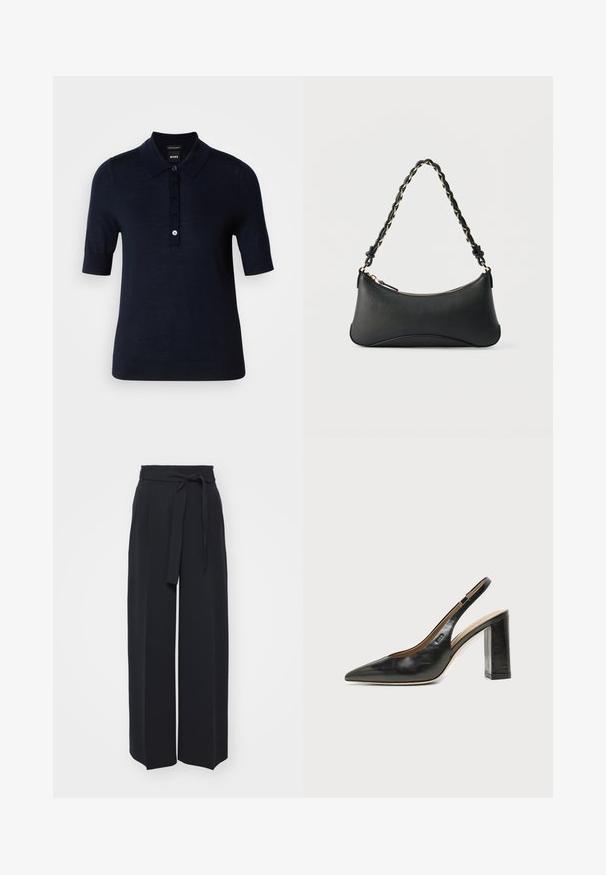 Polo bleu marine fabriqué en tissu lisse, avec un col, des manches courtes et une patte de boutonnage avec un petit détail de logo.; Pantalons noirs à jambes larges en tissu doux. Dotés d'une taille ceinturée et de plis avant. Texture lisse avec un design épuré et contemporain.; Chaussure slingback en cuir noir à bout pointu avec un talon bloc haut et une doublure intérieure beige sur un fond clair uni.; Sac à bandoulière en cuir noir de forme rectangulaire incurvée, avec une chaîne dorée tissée dans la bandoulière noire tressée et une fermeture éclair sur le dessus.