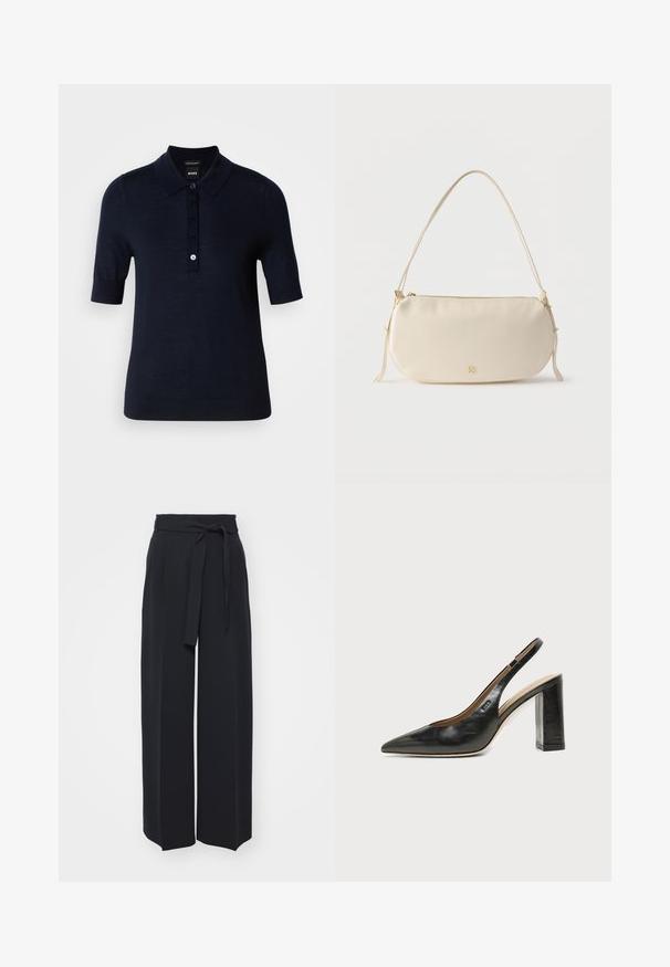 Polo bleu marine fabriqué en tissu lisse, avec un col, des manches courtes et une patte de boutonnage avec un petit détail de logo.; Pantalons noirs à jambes larges en tissu doux. Dotés d'une taille ceinturée et de plis avant. Texture lisse avec un design épuré et contemporain.; Chaussure slingback en cuir noir à bout pointu avec un talon bloc haut et une doublure intérieure beige sur un fond clair uni.; Petit sac à épaule de couleur crème avec une seule sangle, fermeture éclair et logo de marque doré discret à l'avant.