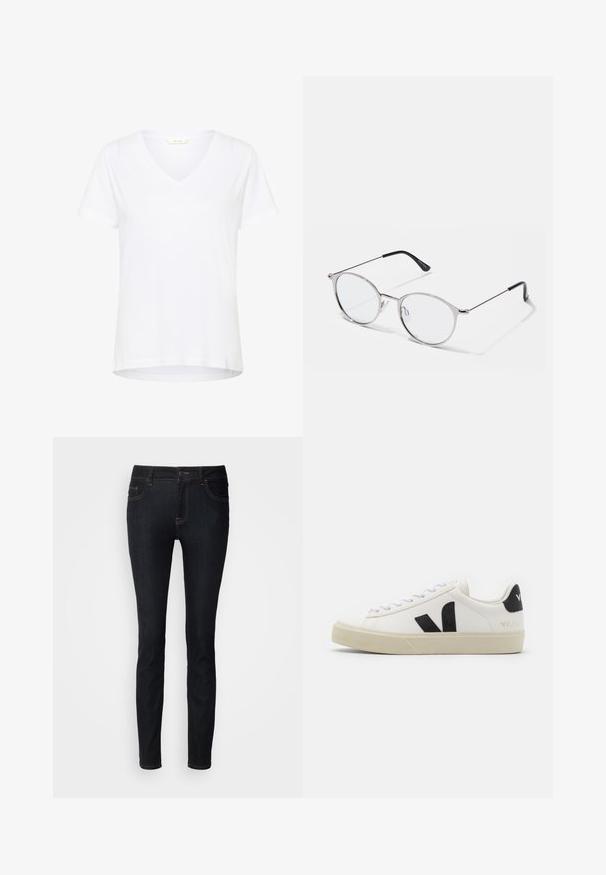 T-shirt blanc à manches courtes avec un col en V, en tissu doux, doté d'une coupe décontractée et d'un ourlet droit avec des détails de couture minimaux.; Jean skinny en denim noir avec des coutures contrastées, taille mi-haute, design à cinq poches et texture lisse.; Baskets en cuir blanc avec un logo V en caoutchouc noir. Semelle texturée blanc cassé, lacets blancs et détail sur le talon arrière portant le nom de la marque en noir.; Lunettes en métal argenté avec des verres ronds et une fine monture. Les embouts de branches noirs offrent un contraste. Plaquettes de nez ajustables incluses.