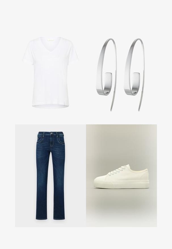 T-shirt blanc à manches courtes avec un col en V, en tissu doux, doté d'une coupe décontractée et d'un ourlet droit avec des détails de couture minimaux.; Jean en denim bleu foncé avec une coupe droite, design à cinq poches et fermeture à bouton standard. Présente des détails de couture subtils.; Baskets basses blanches en toile avec lacets à l'avant et semelle épaisse en caoutchouc texturée sur fond neutre.; Boucles d'oreilles en argent avec un design allongé et épuré. Fabriquées en métal poli, présentant une texture lisse et un style minimaliste.