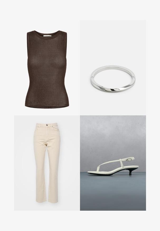 Haut en maille marron sans manches avec encolure ronde et fine texture côtelée, étiquette de marque "GESTUZ" cousue à l'intérieur du col.; Jean beige à jambe droite en denim, avec une fermeture à bouton à l'avant, deux poches avant et une texture lisse.; Sandale blanche à talon kitten avec des lanières et un bout pointu, flottant au-dessus d'un sol en carrelage en bois en plein air avec un arrière-plan flou de plante et de mur.; Bracelet en métal argenté avec une surface lisse et brillante et des bords plats. Présente un design circulaire ouvert avec un détail de fermoir subtil.