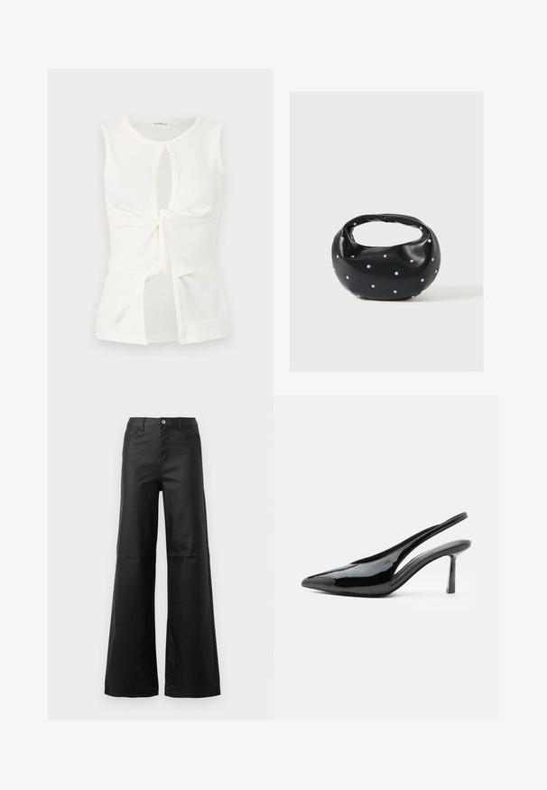Haut blanc sans manches avec encolure ronde, détail torsadé à l'avant, découpes en forme de goutte en haut et en bas, et une texture de tissu douce et lisse.; Jean noir à jambe large en denim lisse, avec une fermeture à bouton, des poches avant et une taille haute.; Escarpin slingback en cuir verni noir à talon haut, bout pointu et talon aiguille fin sur fond blanc.; Sac à main en cuir noir de forme arrondie, décoré de clous argentés et équipé d'une poignée courte. Texture lisse et fermeture éclair.