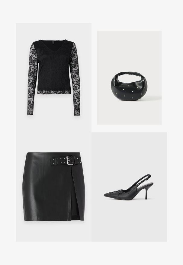 Zwarte lange mouw top met een V-hals, een effen zwart lijfje en sheer kantmouwen met bloemmotieven. Over het geheel een gladde textuur.; Zwarte faux leren mini-jurk met een verstelbare riem met zilveren gesp en studdetails, voorkant met wikkelontwerp en een gladde textuur.; Zwarte leren slingback stiletto met spitse neus, zijgesp met gesp, studs langs de rand en decoratieve veters aan de voorkant.; Zwarte leren handtas met een afgeronde vorm, versierd met zilveren studs, en een korte handgreep. Gladde textuur en ritsluiting.