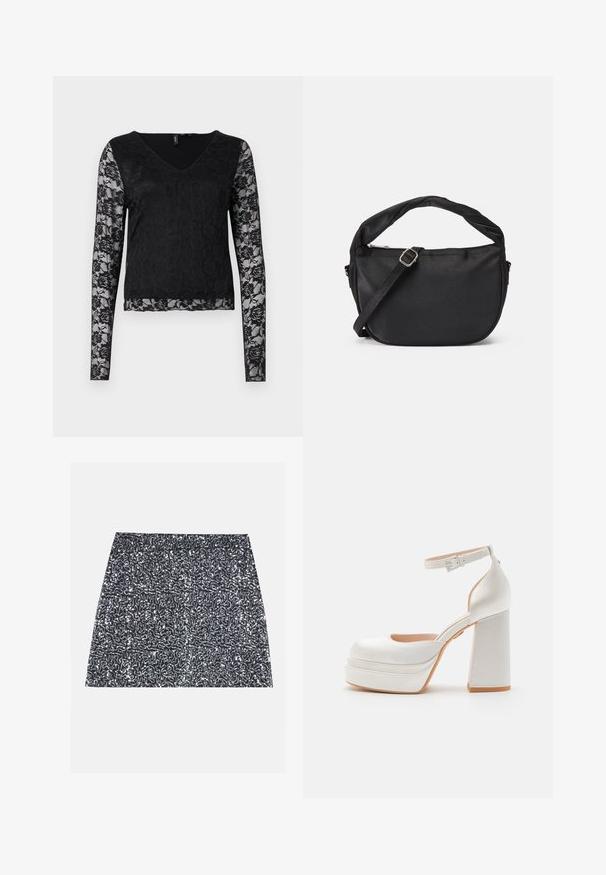 Zwarte lange mouw top met een V-hals, een effen zwart lijfje en sheer kantmouwen met bloemmotieven. Over het geheel een gladde textuur.; Zilveren pailletten mini rok met een textuurpatroon en een rechte snit. De stof lijkt glanzend en reflecterend.; Witte hoge hakken platform schoenen met een satijnen afwerking, brede blokhak, verstelbare enkelband en een afgerond te ontwerp.; Zwarte stoffen schoudertas met een gedraaide handgreep, een afneembare schouderband en een ritssluiting aan de bovenkant. Gladde textuur en minimalistisch design.