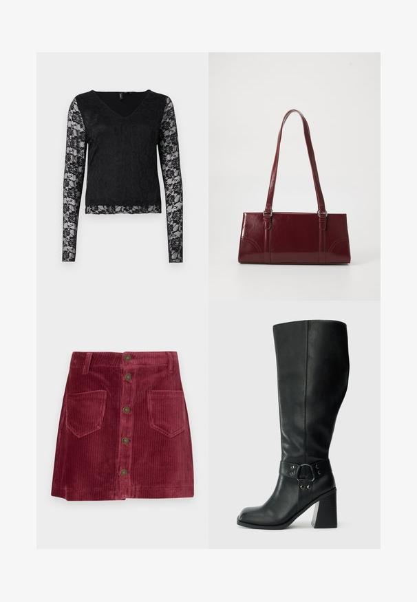 Zwarte lange mouw top met een V-hals, een effen zwart lijfje en sheer kantmouwen met bloemmotieven. Over het geheel een gladde textuur.; Dieprode corduroy mini-jurk met een sluiting met knopen aan de voorkant, twee voorzakken en riemlussen.; Kniehoge zwarte leren laarzen met een vierkante neus, brede hak en een decoratieve band met metalen accenten rond de enkel. Gladde textuur.; Bourgondische handtas van glanzend materiaal, rechthoekige vorm, met twee schouderbanden en subtiele gebogen accenten aan de voorkant.