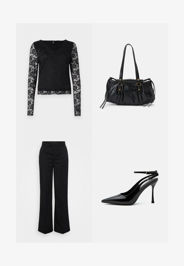 Sort langærmet top med v-hals, ensfarvet sort krop og gennemsigtige blondeærmer med blomstermønstre. Glat tekstur overalt.; Gina Tricot Tall STRAIGHT TROUSERS - Bukser - black; Sort laklæder sandaletter med høje hæle, spids tå og dobbelte ankelstropper med sølvspænder.; Sort læderhåndtaske med rund form, dobbelte hanke, dekorative hardware-detaljer og snøre på siden. Glat, blank overflade.