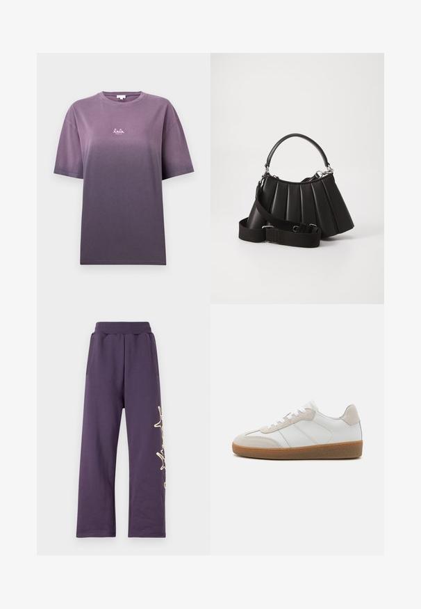 Lila Farbverlauf T-Shirt mit kurzen Ärmeln, aus weichem Baumwollstoff. Vorn befindet sich ein kleines weißes Logo "lala". Weiche Oberfläche, lockerer Schnitt.; Lila Sweatpants mit einem elastischen Bund, Seitentaschen und einem goldenen Grafikdesign am linken Bein. Weiches Material mit lockerer Passform.; Weiße Leder-Sneaker mit beige Suede-Akzenten, strukturiertem Zungenbereich und Gummisohle. Verfügt über weiße Schnürsenkel und dezente eingestickte Details.; Schwarze, gefaltete Handtasche mit einem runden Griff, verstellbarem Schulterriemen und glänzender Textur. Verfügt über silberne Hardware und eine strukturierte Silhouette.