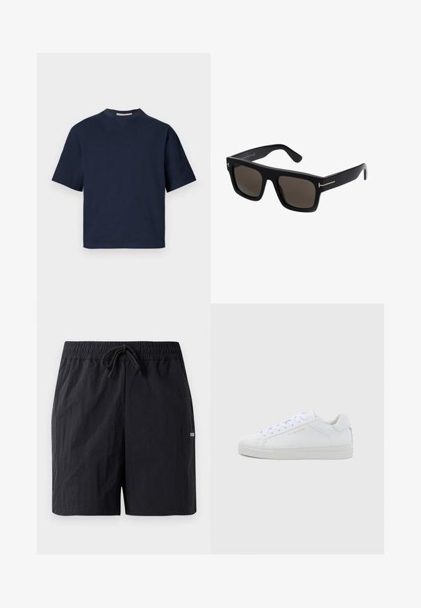 Marineblauw korte mouwen t-shirt met een V-hals, gemaakt van zacht materiaal, met een ontspannen pasvorm en minimalistisch ontwerp, zonder zichtbare patronen of hardware.; Zwarte zwembaden met een textuurstof, voorzien van een elastische tailleband met trekkoord en een klein logo aan de zijkant.; Witte leren lage sneakers met een ronde neus, platte veters, een gestructureerde zool en subtiele gouden branding aan de zijkant. Gladde oppervlakte en minimalistisch ontwerp.; Zwarte vierkante zonnebril met donkere lenzen, featuring gouden accenten op de armen en een gladde kunststof textuur.