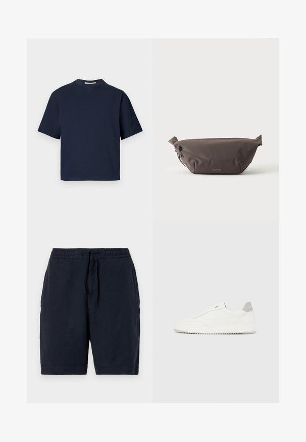Camiseta de manga corta azul marino con escote en V, hecha de material suave, con un ajuste relajado y un diseño minimalista, sin patrones ni herrajes visibles.; Pantalones cortos de lino azul marino con cintura elástica y cordón, que presentan un ajuste relajado y una superficie ligeramente texturizada.; Zapatilla blanca de corte bajo con pestaña en el talón gris, cordones blancos y suela texturizada, presentada sobre un fondo claro y liso.; Riñonera de tela marrón oscuro con bolsillo diagonal con cremallera y pequeño logo blanco en el frontal, sobre un fondo liso y claro.