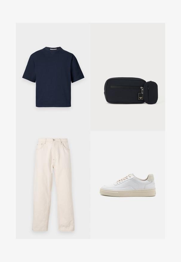 Marineblauw korte mouwen t-shirt met een V-hals, gemaakt van zacht materiaal, met een ontspannen pasvorm en minimalistisch ontwerp, zonder zichtbare patronen of hardware.; Beige rechte jeans gemaakt van denim, met een knoopsluiting, vijf zakken en zichtbare stikseldetails. Gladde textuur.; Witte sneaker met een gevoerd leren bovenwerk, beige veters en een gestructureerde beige suede hieltab. Verhoogde zool voor extra hoogte.; Zwart rechthoekig tasje met ritssluiting aan de voorkant en een klein aangehecht afgerond tasje, tegen een effen lichte achtergrond.