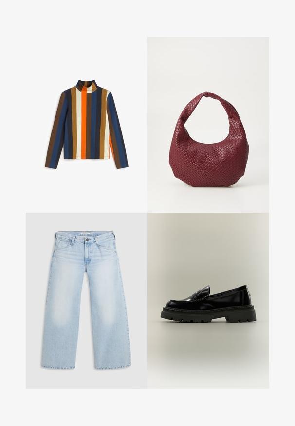 Haut à col roulé à manches longues avec de larges rayures verticales marron, bleu marine, crème, orange et bleu, doté d'une coupe ajustée et d'un col côtelé.; Jean large bleu clair en denim. Présente une coupe droite, un design à cinq poches et une fermeture par bouton à la taille.; Mocassin en cuir noir brillant avec semelle épaisse à crampons et détail de bride penny, vu de côté sur un fond neutre uni.; Sac à main tissé bordeaux avec une silhouette arrondie, une seule poignée et une finition texturée. Fermeture zippée en haut.