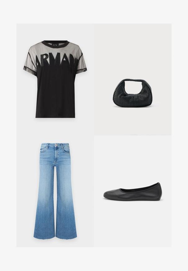 Μαύρο T-shirt με κοντά μανίκια, με διαφανές τμήμα από δίχτυ στο επάνω μέρος και έντονο κείμενο "ARMANI" στο στήθος από το ίδιο μαύρο ύφασμα.; Τζιν παντελόνια από ανοιχτό ντένιμ με φαρδιά γραμμή, διαθέτουν ψηλή μέση, δύο εμπρόσθιες τσέπες και ατελείωτο τελείωμα στο κάτω μέρος.; Μαύρο δερμάτινο μπαλαρίνι με στρογγυλή μύτη, λεία υφή, ελάχιστες λεπτομέρειες ραφής και σχεδίαση ευέλικτης σόλας.; Μαύρη υφαντή τσάντα χόμπο με μαλακή δομή και ενσωματωμένη λαβή, απεικονίζεται σε απλό φωτεινό φόντο.