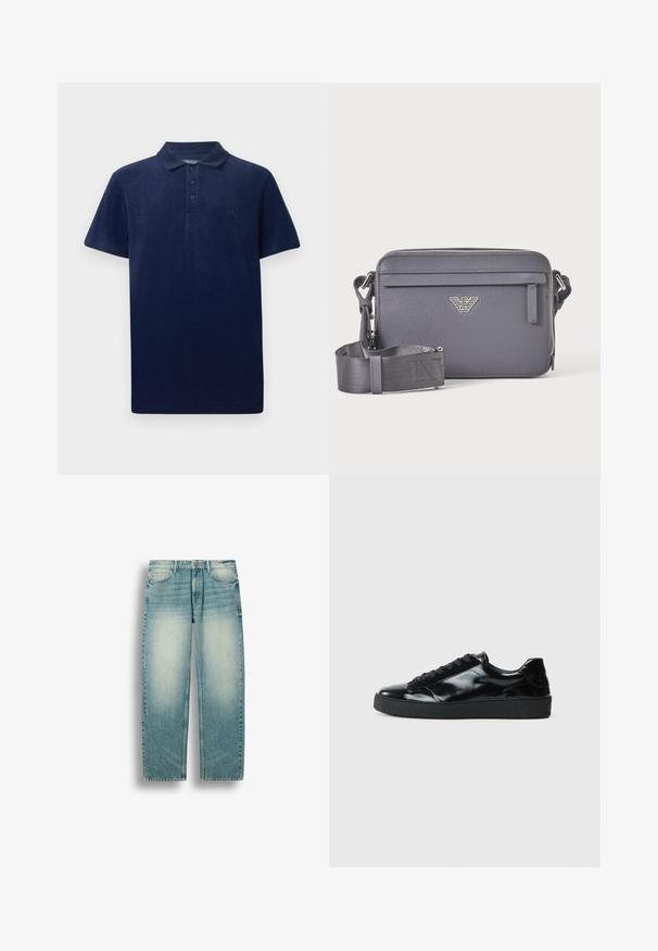 Polo bleu marine en tissu doux, avec un col classique, une patte de boutonnage à trois boutons et un logo brodé sur la poitrine.; Jean droit en denim bleu clair avec des zones délavées sur les cuisses, poches avant, passants de ceinture et fermeture par bouton à la taille.; Baskets en cuir verni noir avec un bout arrondi, un laçage, une semelle en caoutchouc texturé et une finition lisse.; Sac bandoulière rectangulaire gris foncé avec sangle réglable, poche avant zippée et emblème de logo argenté.