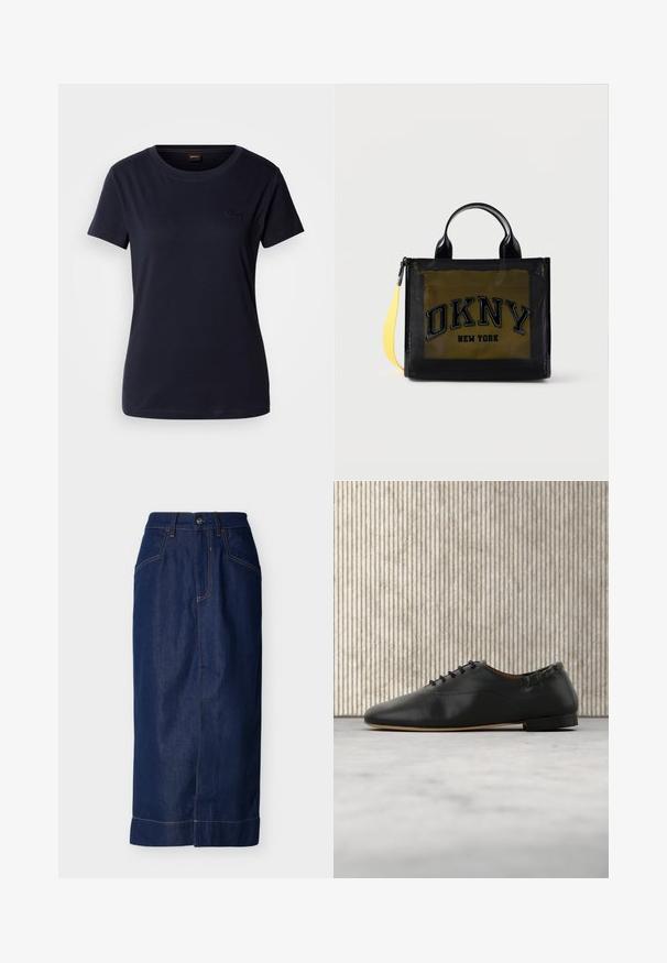 Mørkeblå kortærmet T-shirt lavet af bomuld, med rund hals og et lille broderet logo på brystet. Glat tekstur.; Denimnederdel i mørkeblå med en lige pasform, forlommer, synlige syninger og en kant, der er foldet nederst.; Sort læder-fladsko med snørebånd, rundet tå og lav hæl, vist i højre sideprofil på en lys baggrund.; Sort gennemsigtigt stofnet med gult indvendigt etui og fed "DKNY NEW YORK"-tekst, der har korte håndtag og en gul skulderrem.