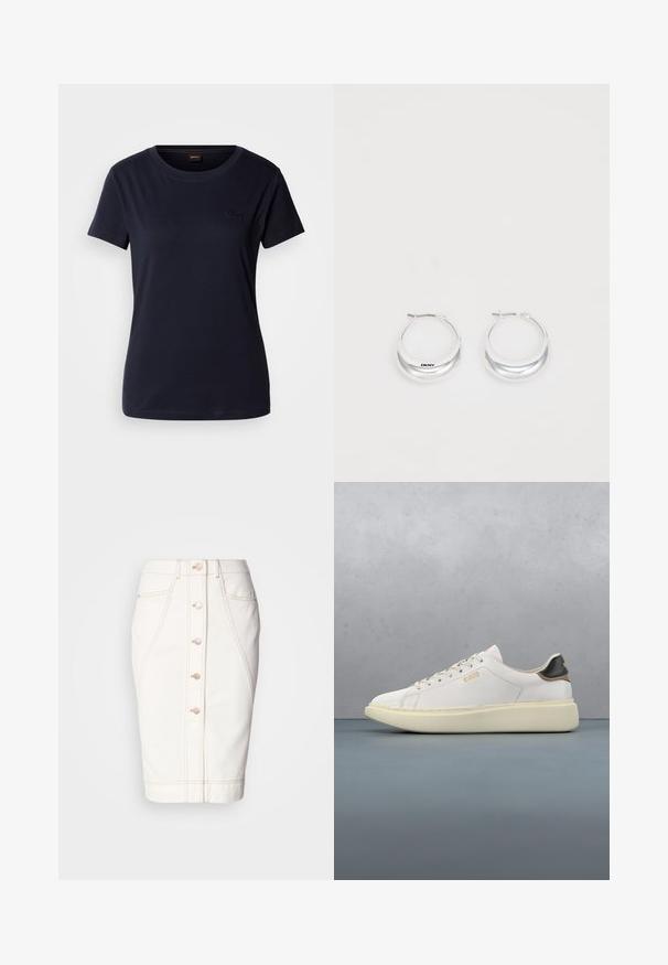Navyblauwe T-shirt met korte mouwen, gemaakt van katoen, met een ronde hals en een klein geborduurd logo op de borst. Soepele textuur.; Witte denim rok met een voorknopsluiting, zichtbare stiksels en een silhouet in pencil-stijl. Geen zichtbare zakken. Gladde textuur.; Witte sneaker met een glad leren bovenwerk, voorzien van een tan en zwart leren hieltab, ronde veters en een chunky beige rubberen zool. Gouden logo detail.; Zilveren creolen met een gepolijste afwerking en DKNY-branding, weergegeven tegen een effen witte achtergrond.