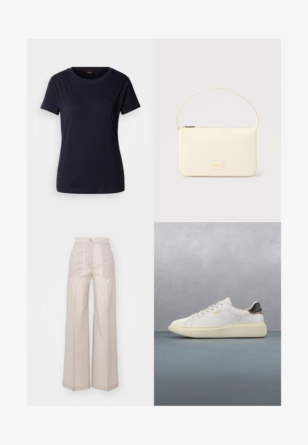 Navyblauwe T-shirt met korte mouwen, gemaakt van katoen, met een ronde hals en een klein geborduurd logo op de borst. Soepele textuur.; Beige wijde pantalon gemaakt van een lichte geweven stof, met een hoge taille, enkele knoopsluiting aan de voorkant en subtiele textuur.; Witte sneaker met een glad leren bovenwerk, voorzien van een tan en zwart leren hieltab, ronde veters en een chunky beige rubberen zool. Gouden logo detail.; Roomkleurige rechthoekige handtas met een enkele draagband en een ritssluiting aan de bovenkant, met een klein ingegraveerd logoplacaat op de voorkant.