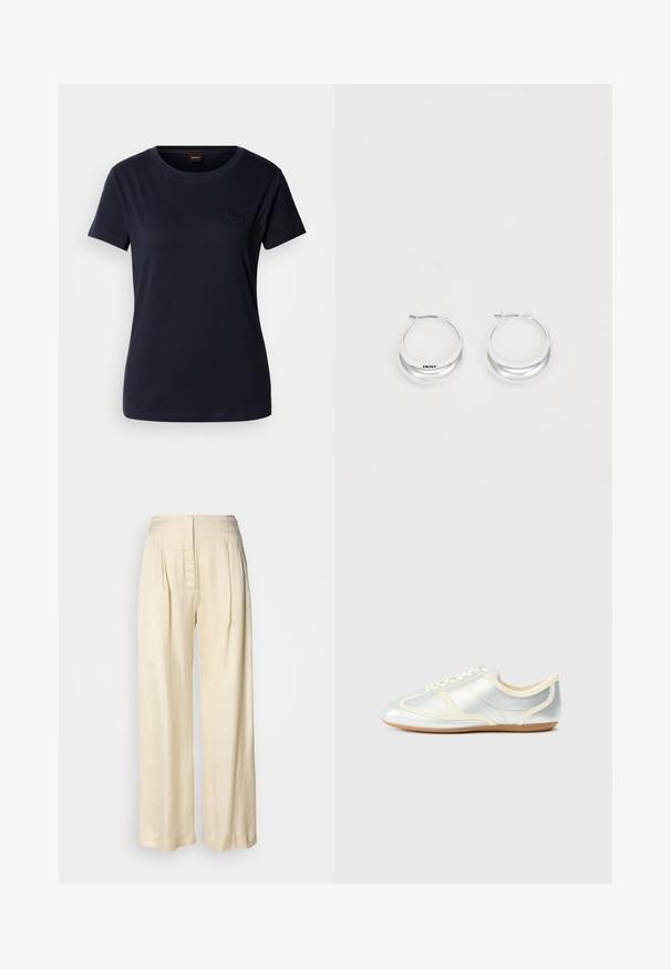 T-shirt à manches courtes bleu marine en coton, avec un col rond et un petit logo brodé sur la poitrine. Texture lisse.; Pantalon en soie crème taille haute avec plis, jambes larges et fermeture éclair avant dissimulée sur un fond blanc uni.; Baskets synthétiques argentées avec accents crème, profil bas, bout arrondi et semelle en caoutchouc plate ; dotées de coutures classiques et d'une fermeture à lacets.; Boucles d'oreilles en argent avec une finition polie et un branding DKNY, présentées sur un fond blanc uni.